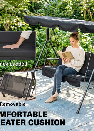 3-Seat Outdoor Patio Swing Chair w/ Cushion, Steel Frame Stand, Adjustable Tilt Canopy for Patio, Garden, Black 2