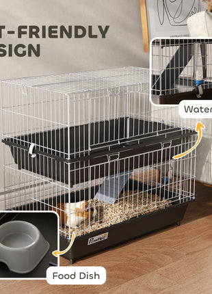2-Tier Small Animal Cage with 2 Doors, Trays, Dish, Bottle, and Ramp for Bunny, Ferret, Chinchilla, Black