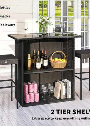 5 Piece Rattan Wicker Bar Set, High Top Outdoor Table and Chairs, Bar Height Patio Set, 2 Shelves & 4 Bar Stools, Brown