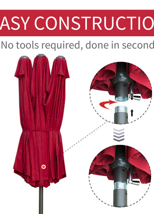 Patio Umbrella 15' Steel Rectangular Outdoor Double Sided Market with base, UV Sun Protection & Easy Crank for Deck Pool Patio, Wine Red