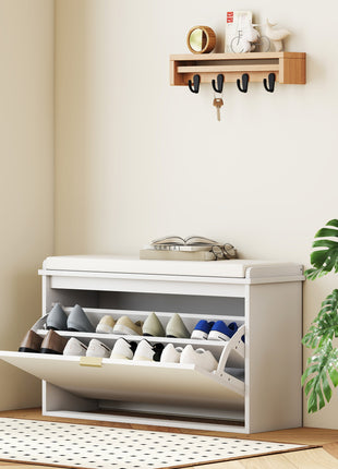 Shoe Storage Bench with Padded Seat Cushion and Flip-Drawer, Entryway Bench, Shoe Cabinet, 31.5x10.2x18.7 Inches, White