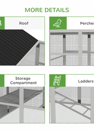 Wooden Chicken Coop Run for 6 - 10 Chickens, Hen House Add-On with Storage, Perches, 141.75" x 48" x 61", Gray