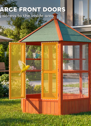69" Wooden Hexagonal Outdoor Aviary Flight Bird Cage With Covered Roof, Brown