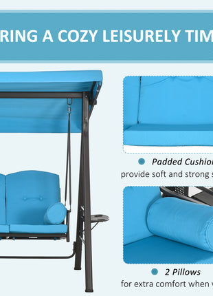 3-Seat Outdoor Porch Swing Chair with Adjustable Canopy, Cushion and Pillows for Garden, Poolside, Blue