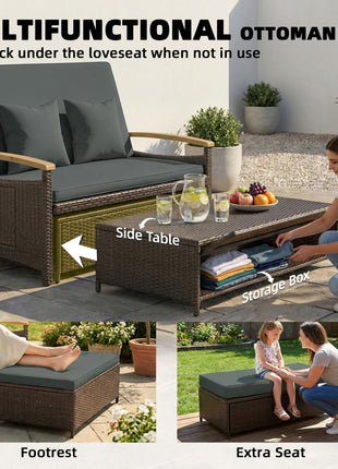 Rattan Outdoor Daybed w/4-Level Adjustable Backrest, Patio Sofa Bed w/Storage Ottoman, Acacia Wood Armrest, Mixed Gray