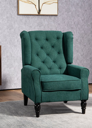 Wingback Accent Chair for Living Room, Button-Tufted Lounge Chair with Round Armrests and Wood Legs, Dark Green