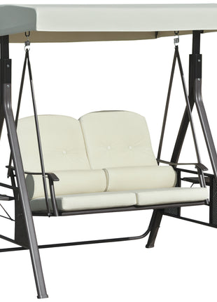 2-Person Patio Swing Bench with Adjustable Shade Canopy, Soft Cushions, Throw Pillows and Tray, Beige.