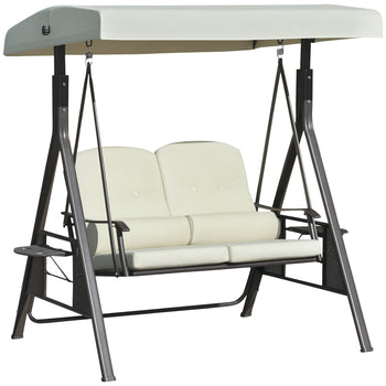 2-Person Patio Swing Bench with Adjustable Shade Canopy, Soft Cushions, Throw Pillows and Tray, Beige.