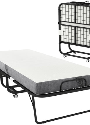 Folding Bed with Mattress for Adults, Single Size, Portable Foldable Bed with Memory Foam Mattress & Steel Frame, White