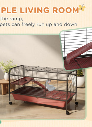 48" L Small Animal Cage, Pet Play House for Rabbit Hutch or Ferret with Feeder, Rolling Wheels, Platform, Ramp