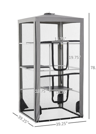 79"H Cat House Kitten Enclosure Mesh Playpen Steel Frame with 3 Platforms, 2 Doors and 4 Sandbags for Stability, Indoor/Outdoor