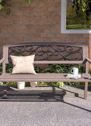 50" Outdoor Bench, Metal Garden Bench with Floral Pattern Backrest, Porch Bench with Slatted Seat for Park, Yard, Lawn, Brown