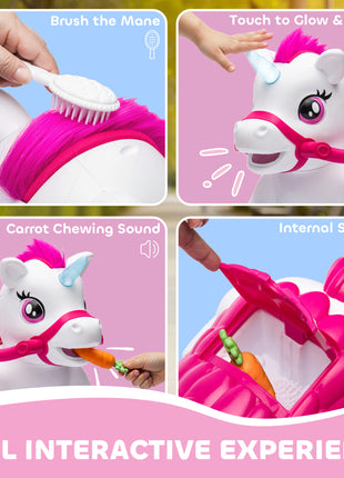 12V Unicorn Ride on Horse with Carrot Toy, Comb, Animal Sounds, for Girls Boys Aged 1.5-3 Years Old