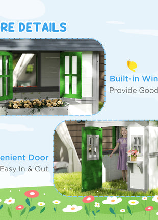 Wooden Playhouse for Kids Outdoor with Doors, Windows, Planter Pots and Boxes for Toddlers 3-8 Years, White