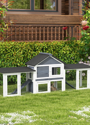 Outdoor Rabbit House 83" 2 Story Deluxe XL Wooden Rabbit Hutch, Big Bunny Cage w/ Ladder and Run, Dark Gray