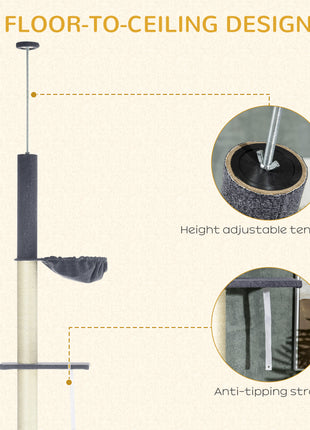 Floor To Ceiling Cat Tree, 5-Tier Cat Climbing Tower, 95''-106'' Height Adjustable with Carpeted Platforms, Cozy Bed, Hammock, Scratching Post & Toy Ball for Indoor Cats, Dark Gray and Cream