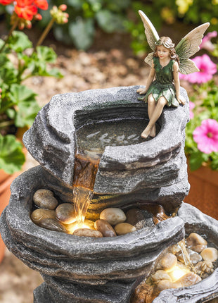 40" Tall Outdoor Waterfall Fountain with LED Lights, 6-Tier Cascading Waterfall Feature, Resin Garden Fountain, Gray