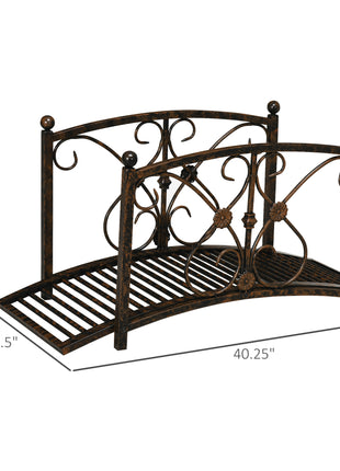 3.3' Metal Garden Bridge, Decorative Classic Footbridge Pond Bridge with Safety Railings for Backyard Garden Creek, Rust Brown