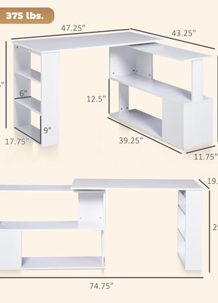 360° Rotating Home Office Desk L Shaped Corner Computer Desk with Storage Shelves, Writing Table Workstation, White