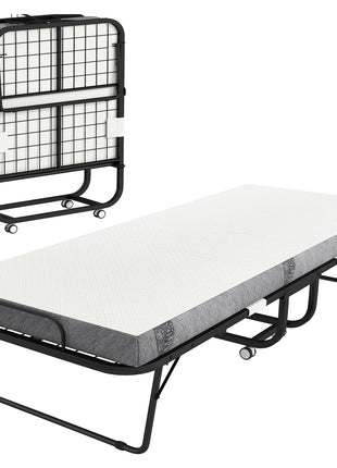Folding Bed with Mattress for Adults, Long Twin Size, Portable Foldable Bed with 4" Foam Mattress & Space-Saving Steel Frame, 79" x 35", Fold Up, Roll Away & Hideaway, White