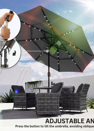 9.7 ft Outdoor Patio Umbrella with Solar LED Lights, 3 Tier Outdoor Table Umbrella with Tilt, Crank, Black