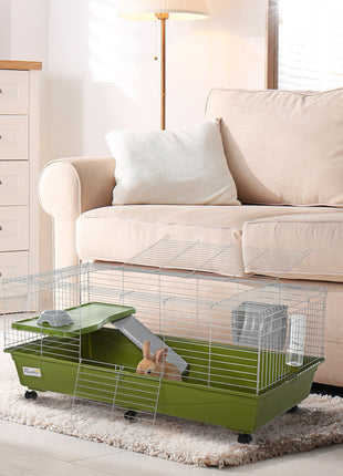47" Small Animal Cage Chinchilla Guinea Pig Hutch Pet House with Platform Ramp, Food Dish, Wheels, & Water Bottle