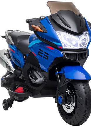 12V Kids Electric Motorcycle with Training Wheels, Battery Power Ride on Motorbike, High-Traction at 3.7 Mph Top Speed, with Light Music, Blue