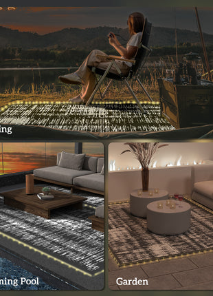 Reversible Outdoor Rug Carpet with LED Lights, Carry Bag & Ground Stakes for Backyard, Deck, Picnic, Beach, 12' x 9'
