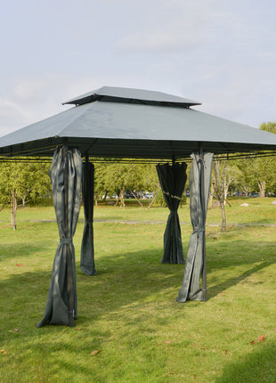 10' x 13' Outdoor Soft Top Gazebo Pergola with Curtains, 2-Tier Steel Frame Gazebo for Patio, Sage Gray