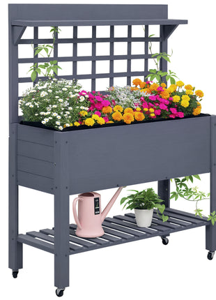 41" Raised Garden Bed Mobile Elevated Wooden Planter Box Stand with Wheels, Trellis and Storage Shelf, Gray