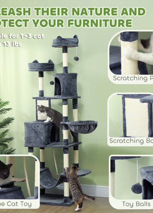 81" Cat Tree w/ Cat Scratching Posts, Scratching Board, Condos, Beds, Hammocks, Toy Balls, Rope Cat Toy, Gray