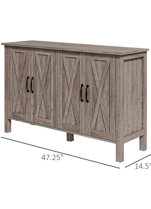 Sideboard Buffet with 4 Barn Doors and 2 Adjustable Shelves, Kitchen Buffet Cabinet for Living Room, Hallway, Gray