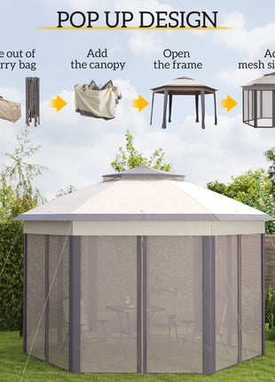 13' x 13' Pop Up Gazebo Hexagonal Canopy Shelter with 6 Zippered Mesh Netting for Patio Backyard Garden Wedding Party