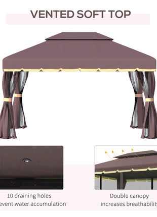10' x 13' Patio Gazebo, Aluminum Frame Double Roof Outdoor Gazebo Canopy Shelter with Netting & Curtains, Coffee