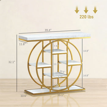 39.4" Console Table with Storage Shelves, Industrial Sofa Table for Living Room, Hallway, White Marble Effect