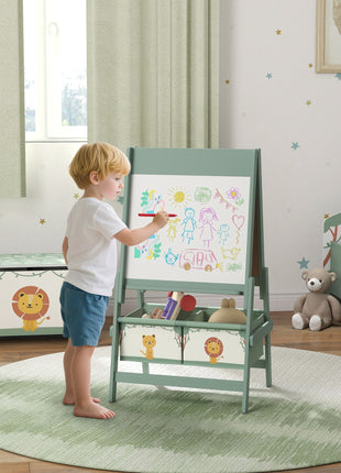 Art Easel for Kids, Double-Sided Whiteboard & Chalkboard with Paper Roll, Storage Baskets for Toddlers Ages 3-8, Green