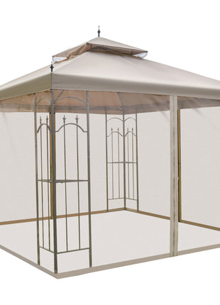 10' x 10' Patio Gazebo with Corner Frame Shelves, Double Roof Outdoor Gazebo Canopy Shelter with Netting for Patio, Wedding, Catering & Events, Brown