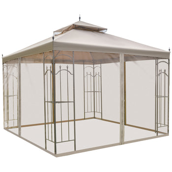 10' x 10' Patio Gazebo with Corner Frame Shelves, Double Roof Outdoor Gazebo Canopy Shelter with Netting for Patio, Wedding, Catering & Events, Brown