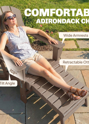 Folding Adirondack Chair Set of 2, HDPE Fire Pit Chair with Retractable Ottoman and Cup Holder, Brown