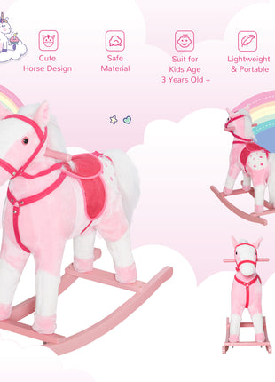 Kids Plush Toy Rocking Horse Pony Toddler Ride on Animal Rocker with Realistic Sounds, Birthday Gifts for Girls, Pink