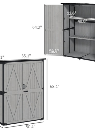 Wood Storage Shed, Outdoor Garden Shed with Asphalt Roof, 2 Shelves, Lockable Doors and Adjustable Feet, Gray