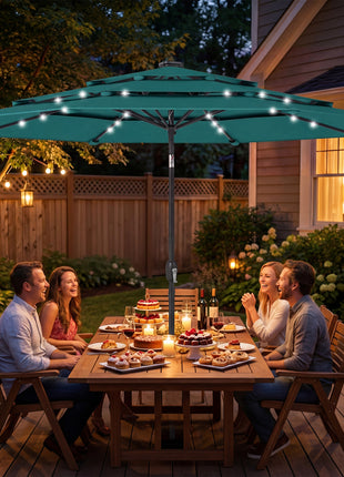 9.7 ft Outdoor Patio Umbrella with Solar LED Lights, 3 Tier Outdoor Table Umbrella with Tilt, Crank, Teal