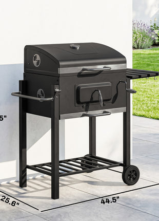 Charcoal BBQ Grill and Smoker Combo Outdoor Portable Trolley Camping Picnic Backyard with Side Shelf, Black