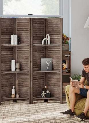 4 Panel 67" Tall Wood Privacy Screen Room Divider with 3 Shelves and Folding Storage for Bedroom, Walnut