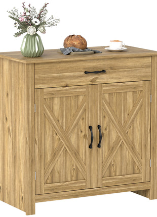 Farmhouse Sideboard Buffet Cabinet, Barn Door Coffee Bar Cabinet with Drawer and Adjustable Shelf for Kitchen, Living Room, Entryway, Natural Wood Effect