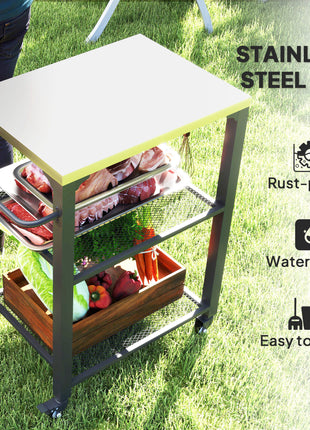 3-Shelf Outdoor Grill Cart with Stainless Steel Tabletop, Movable Pizza Oven Table with Hooks, Side Handle, Wheels