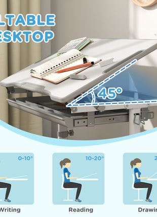 Height Adjustable Kids Desk and Chairs Set with Tilt Desktop, Storage Drawer, Pen Slot, Hook, Gray