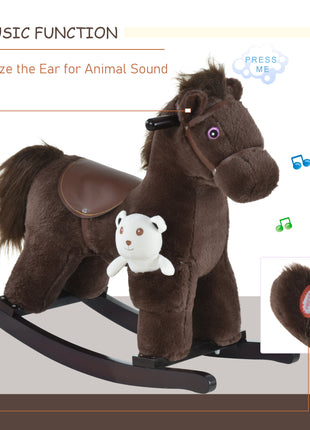 Kids Rocking Horse with Bear Toy, Plush Animal Rocker with Fun Realistic Sounds for Toddler 18-36 Months, Brown