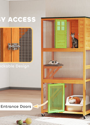 74" Wooden Outdoor Cat House Catio Outdoor Cat Enclosure, Orange