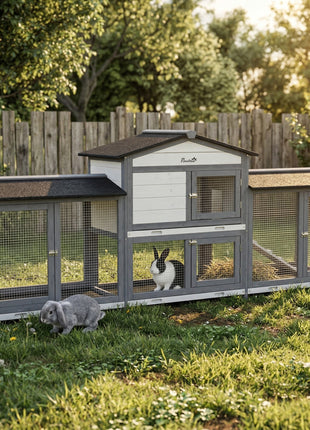 90.5" Wooden Rabbit Hutch Bunny Cage Pet Playpen House Enclosure with Double Side Run Boxes, No Leak Tray, Ramp, for Rabbits, Chickens, Ducks, Guinea Pig and Small Animals, Light Gray